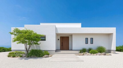 Fototapeta premium Traditional Japanese House Exterior with Zen Garden and Blue Sky