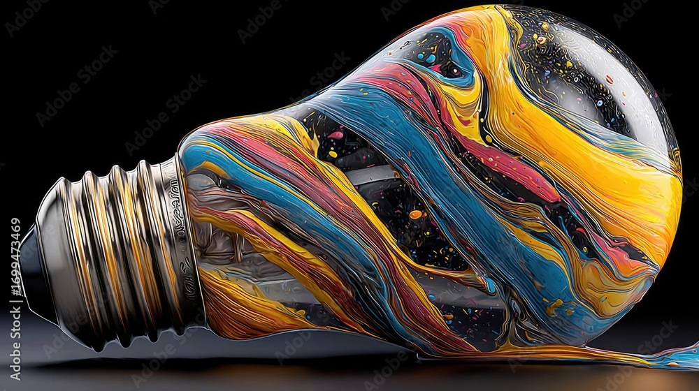 Poster creative light bulb explodes with colorful paint concept. a colorful light bulb filled with vibrant 
