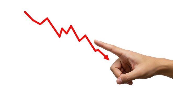 Red downward trend line with hand pointing, isolated on white background.