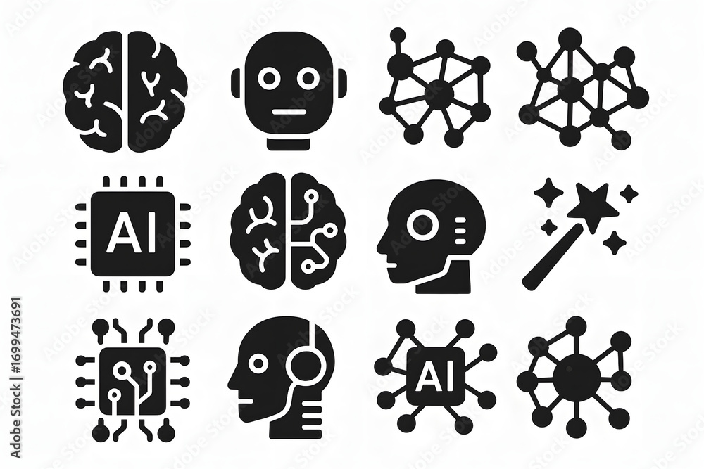 Poster digital intelligence: a collection of sleek and modern illustrations of brain, robot and abstract ci