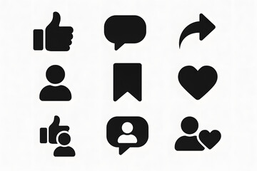 Social media icons: A collection of social media icons, neatly arranged and designed with clean lines, representing the key elements of online interaction such as like, comment, share, and more.
