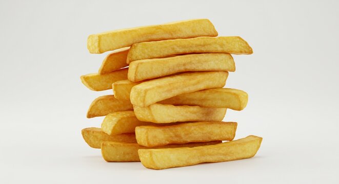 Frites dor�es empil�es lumi�re douce fond blanc. AI Generated