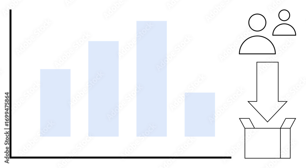 Poster bar chart with ascending columns, user icons, downward arrow pointing to a box, indicating data-driv
