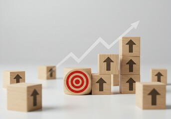 Target icon on top of wooden blocks with rise up arrows, 3d bar graph chart steps on blue background, vertical style, business growth process, profit, investment, economic improvement concepts.