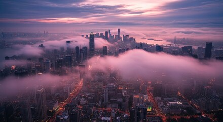 Cityscape at Dawn: Skyscrapers Emerging from Misty Clouds