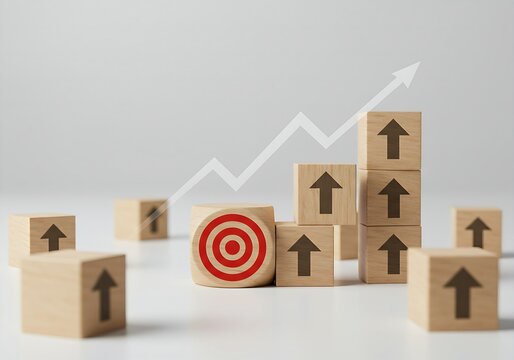 Target icon on top of wooden blocks with rise up arrows, 3d bar graph chart steps on blue background, vertical style, business growth process, profit, investment, economic improvement concepts.