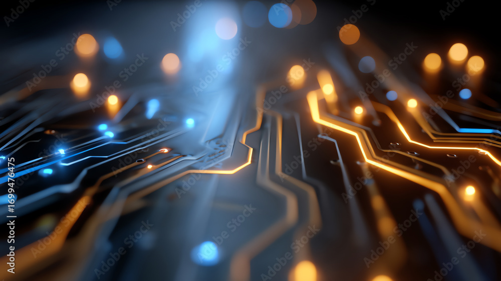Poster close-up of a glowing circuit board with blue and orange led lights, highlighting the intricate path