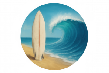 Surfboard leaning on sandy shoreline, large ocean wave approaching, framed in transparent circular design, capturing summer surf atmosphere