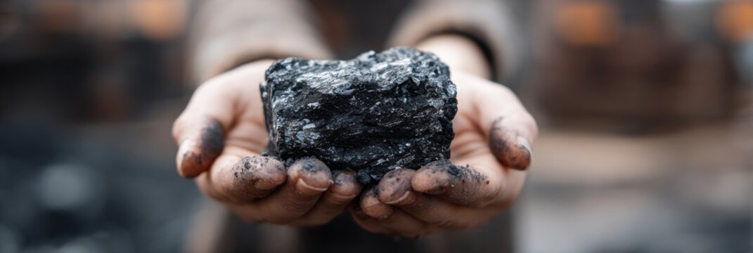 Hands Holding a Piece of Coal, Showcasing the Raw Material in an Outdoor Mining Environment During Daytime
