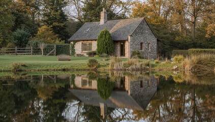 Obraz premium Charming cottage surrounded by trees, reflecting in the calm pond during autumn in the countryside