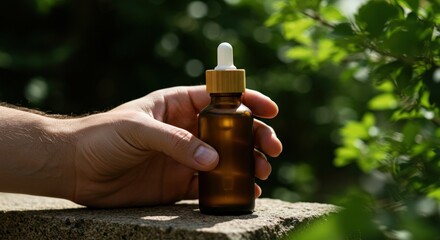 Hand Holding Amber Bottle with Dropper Green Background.