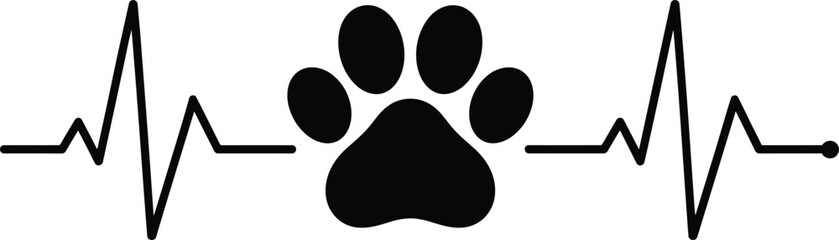Paw print with heartbeat line, veterinary pet care symbol, animal health monitoring design, dog cat love rescue, black white illustration