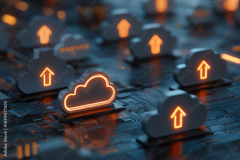 Fototapete glowing cloud upload icons on a dark circuit board represent cloud computing and data transfer in a 