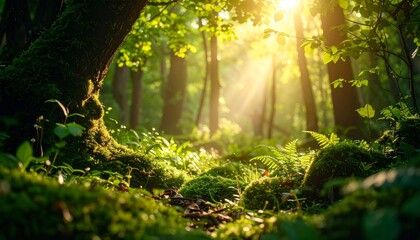 Golden Sunbeams Pierce the Canopy, Illuminating a Lush Mossy Forest Floor