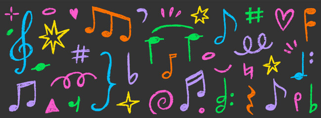 Music note crayon doodle vector set. Hand drawn chalk pastel music note, melody symbol shape, kid sticker sketch style. Cute retro crayon pencil colorful sound decoration element. Vector illustration