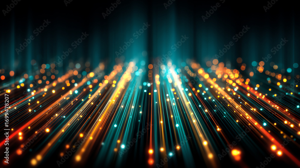 Poster abstract digital light streaks in blue and orange hues create a futuristic, dynamic pattern resembli