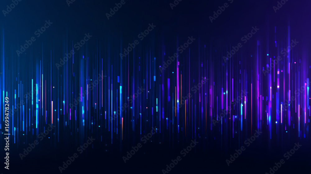Poster abstract vertical light beams in blue and purple hues create a futuristic digital effect on a dark b