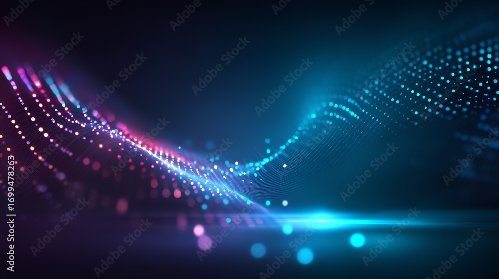 Poster abstract digital wave of glowing particles and lines in blue and pink hues on dark background, creat