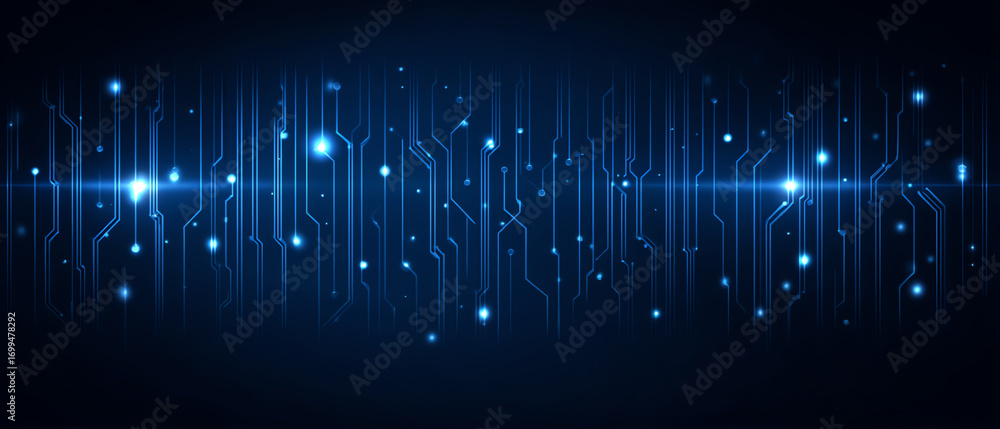 Poster blue digital circuit board with glowing lines and dots on a dark background, symbolizing technology 