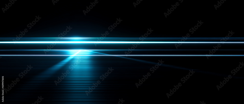 Poster abstract digital background with horizontal neon blue light beams and reflections on a dark surface,