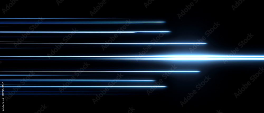 Poster blue neon light streaks of varying lengths and intensities move horizontally against a black backgro