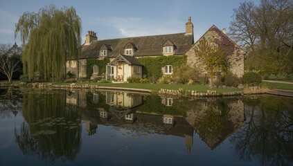 Fototapeta premium Charming cottage reflected in a tranquil pond surrounded by lush greenery and trees