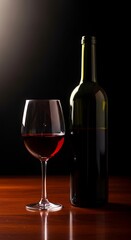 Elegant presentation of red wine bottle and glass against dark backdrop