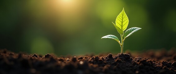 Green seedling growing on fertile soil with morning sunlight, Ecology concept