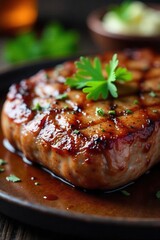 Close-up shot of succulent, seasoned ranch-style meat, perfectly seared and glistening, ready to be served  Juicy texture and rich color are highlighted ,  wholesome,  seasoned,  grilling