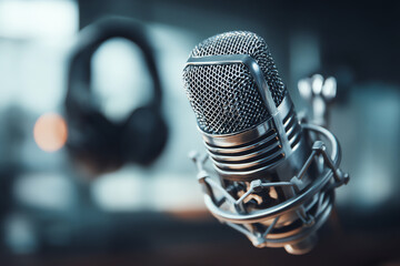 Close-up of a professional studio microphone with a shock mount, blurred headphones in the background, highlighting a modern audio recording setup