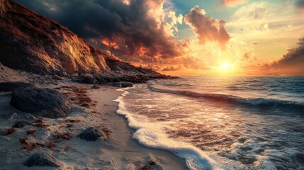 A dramatic sunset over the ocean with cliffs and a sandy beach in the foreground.