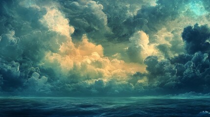 A dramatic, moody sky with dark clouds and a glimpse of light in the distance over a calm, deep blue ocean.
