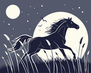 Silhouette of a majestic horse running through tall grass under a full moon © Indira