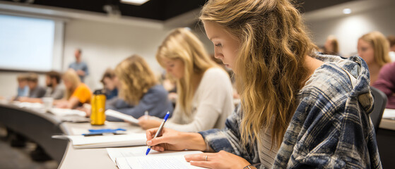 Students focused on writing and studying in a classroom setting, seated in rows with notebooks and pens, engaged in academic work and learning