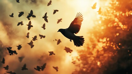 A flock of birds flies towards the setting sun, creating a silhouette against the orange and yellow sky.