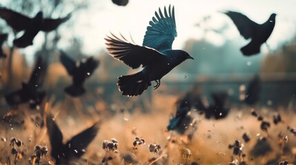 A flock of blackbirds flying in formation over a field of tall grass with a soft, hazy background.