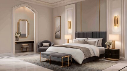 Fototapeta premium Elegant modern bedroom featuring a cozy seating area, stylish decor, and soft lighting for relaxation