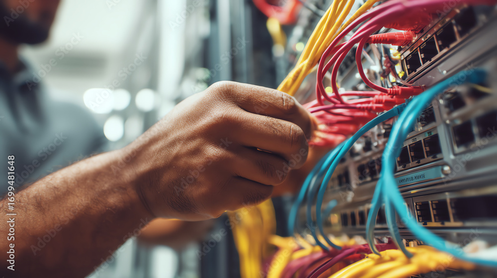 Poster a technician manages colorful network cables connected to a server rack in a data center, ensuring p