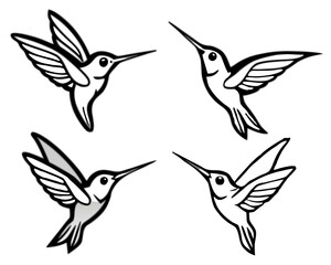 Set of four stylized hummingbird illustrations in flight