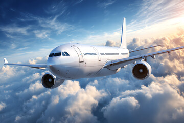 Obraz premium A commercial airplane flying above the clouds during sunset with a clear sky and soft sunlight illuminating the aircraft