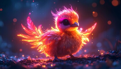 A chubby phoenix chick with neon glowing feathers, bright orange and pink outlines