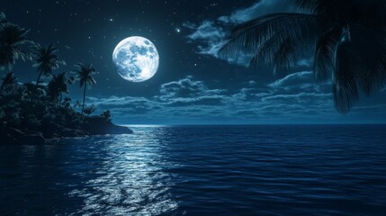 A full moon shines brightly over a tropical island at night, casting a luminous glow on the calm ocean. Palm trees sway gently in the breeze.