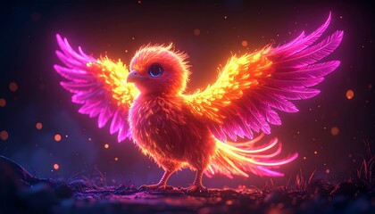A chubby phoenix chick with neon glowing feathers, bright orange and pink outlines