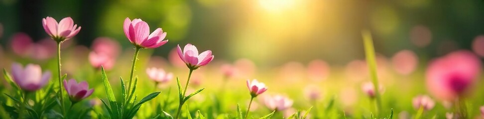 Serene Meadow Soft Sunlight Illuminates Delicate Pink Flowers, Capturing Joyful Beauty and Idyllic Bloom in a Vibrant Landscape