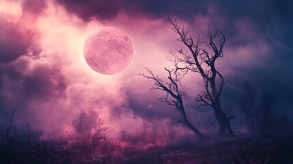 A full pink moon shines brightly in a dark and misty sky, illuminating a silhouetted dead tree.