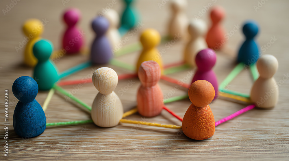 Poster wooden figurines in various colors connected by colored strings on a wooden surface, symbolizing soc
