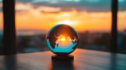 A glass globe sits on a wooden table with the setting sun reflecting in the glass.