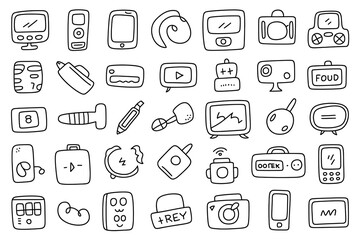 Fototapeta premium Collection of hand drawn doodle icons representing various electronic gadgets and technology devices in a grid layout