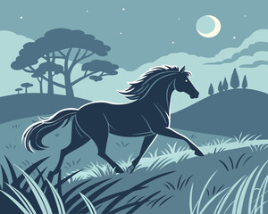 Majestic dark horse galloping through a moonlit grassy field