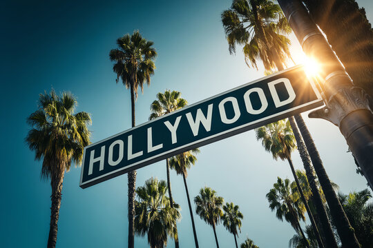 Hollywood street sign against a clear blue sky with tall palm trees and sunlight shining through, representing the iconic Los Angeles entertainment district